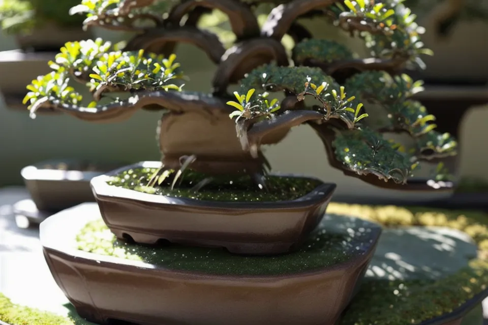 Le livre de conseils sur le bonsaï posé à côté d'un arbre en pot.