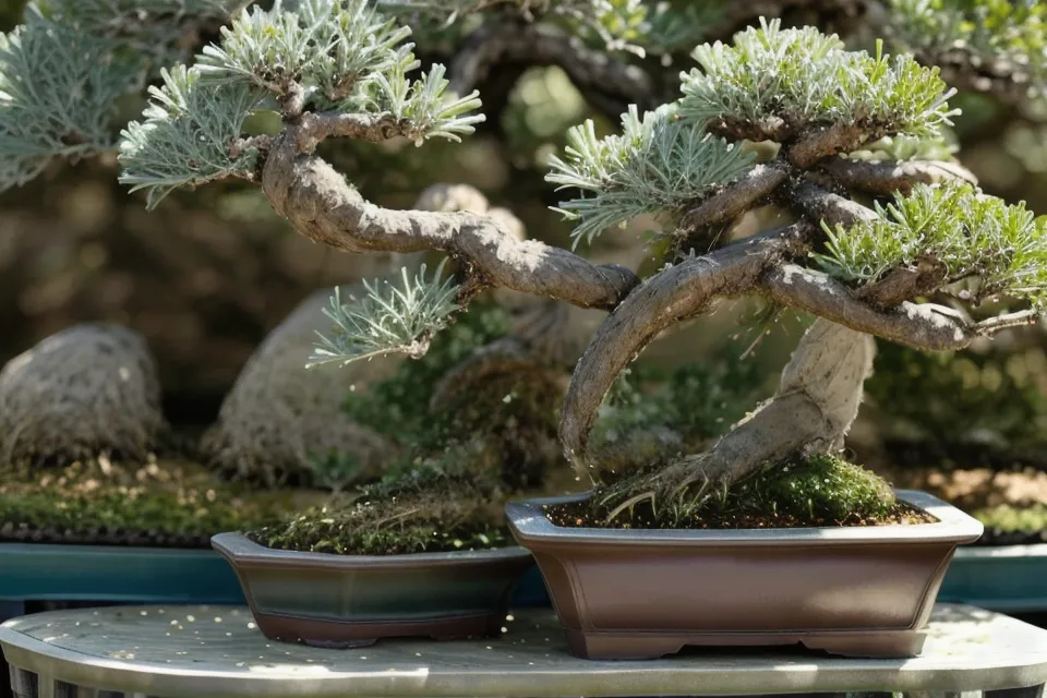 Bonsaï genévrier après le retrait des fils, montrant une structure aérée et harmonieuse.