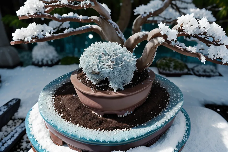 Substrat de bonsaï gelé avec des cristaux de glace visibles