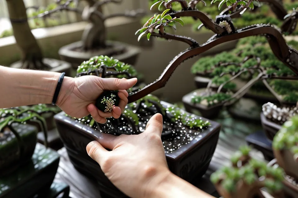 Main touchant délicatement une branche de bonsaï aux feuilles sèches et grises
