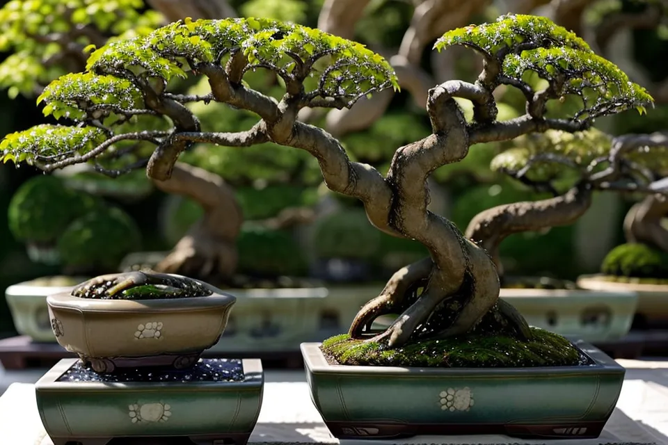 Silhouette d'un bonsaï orme de Chine en fin d'été après sa convalescence